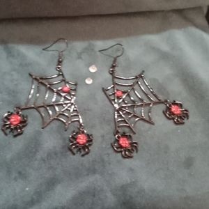 Spider Web Earrings With 2 Black and Red Spiders.